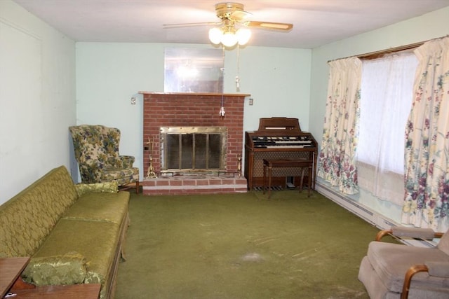 living room with a brick fireplace and ceiling fan