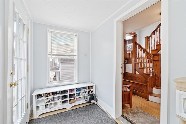 mudroom featuring a healthy amount of sunlight, crown molding, and wood finished floors