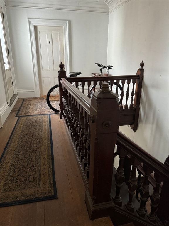 interior space with hardwood / wood-style flooring and ornamental molding