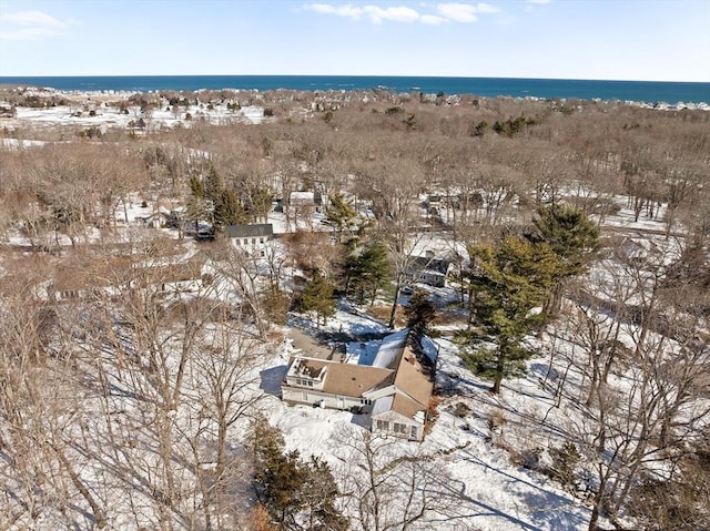 snowy aerial view with a water view