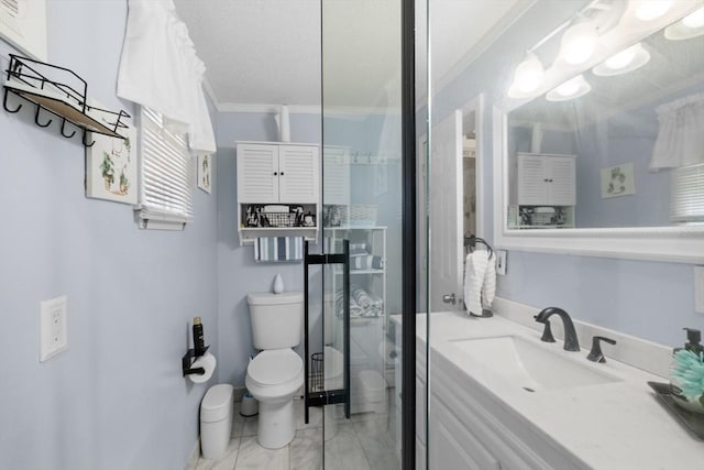 39 Crapo St, New Bedford, MA 02740 - full bath with crown molding, vanity, marble finish floors, and a shower with shower door