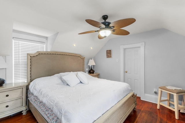 39 Crapo St, New Bedford, MA 02740 - bedroom with vaulted ceiling, dark wood-style floors, and a ceiling fan