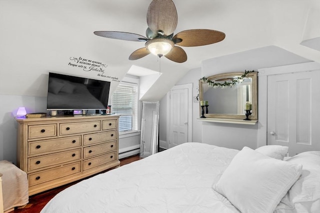 39 Crapo St, New Bedford, MA 02740 - bedroom featuring a baseboard heating unit, vaulted ceiling, and ceiling fan