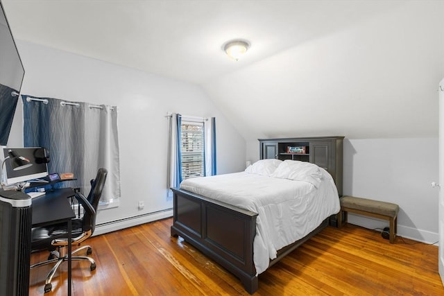 39 Crapo St, New Bedford, MA 02740 - bedroom with a baseboard radiator, lofted ceiling, wood finished floors, and a desk