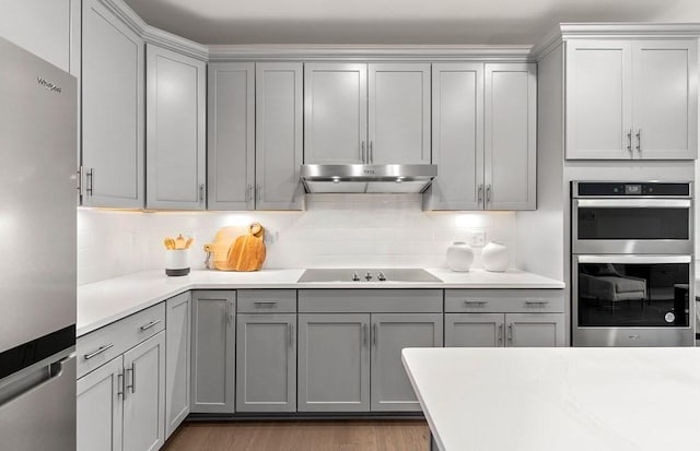 kitchen with backsplash, gray cabinets, and stainless steel appliances