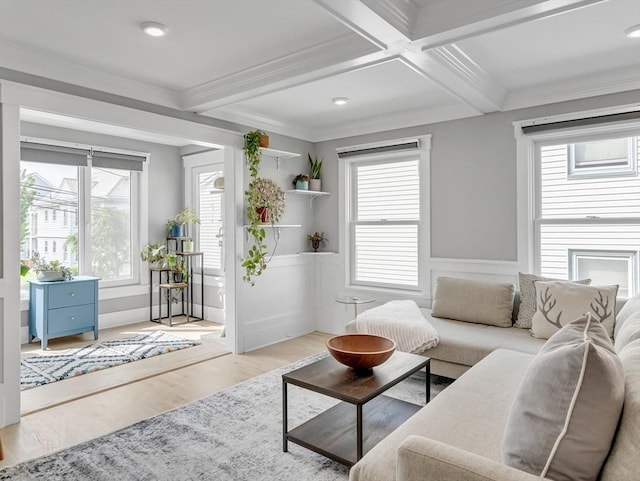 27 Central Rd Unit 1, Somerville, MA 02143 - living room with beam ceiling, ornamental molding, wood finished floors, a wainscoted wall, and coffered ceiling