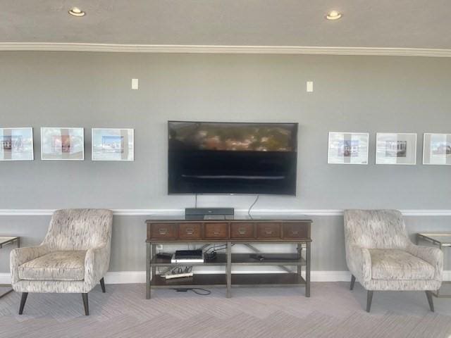 living area with ornamental molding