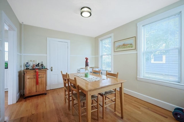 dining room featuring light wood-style flooring and baseboards