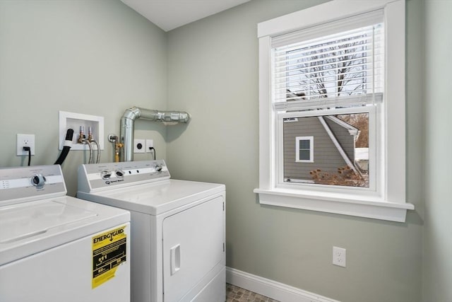 laundry area featuring laundry area, baseboards, and washing machine and clothes dryer