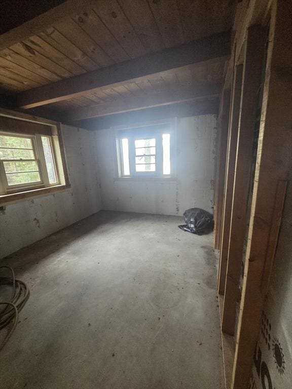 empty room featuring wood ceiling and plenty of natural light