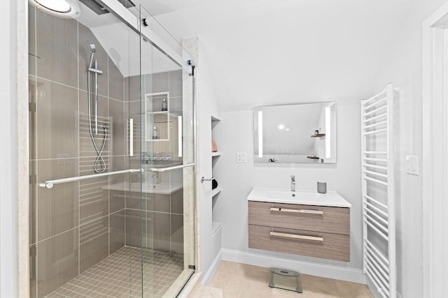 65 Myles View Dr, Duxbury, MA 02332 - full bathroom featuring a towel warmer, vanity, a shower stall, and radiator