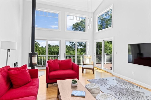 65 Myles View Dr, Duxbury, MA 02332 - living area featuring french doors, a high ceiling, wood finished floors, and healthy amount of natural light