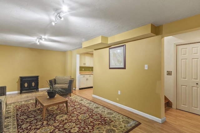 living room featuring light hardwood / wood-style flooring and a textured ceiling