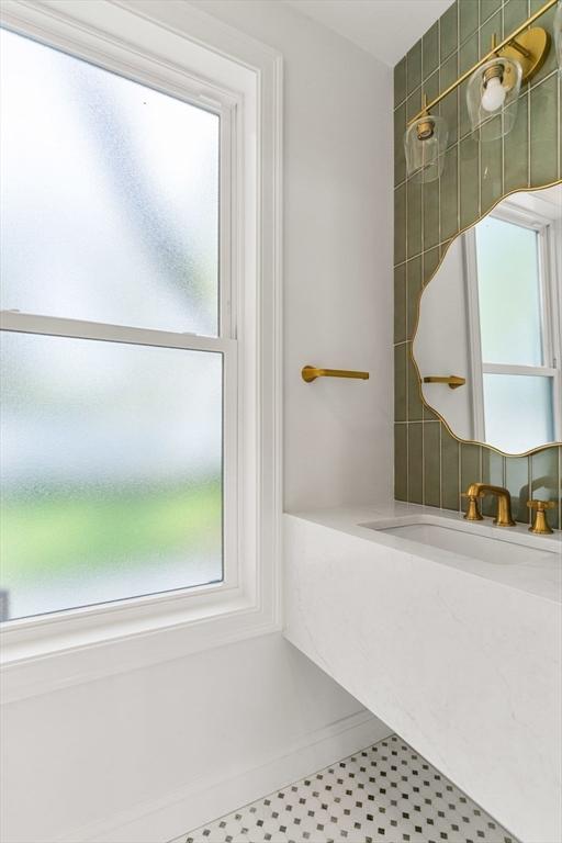 bathroom featuring a wealth of natural light, a sink, and a shower