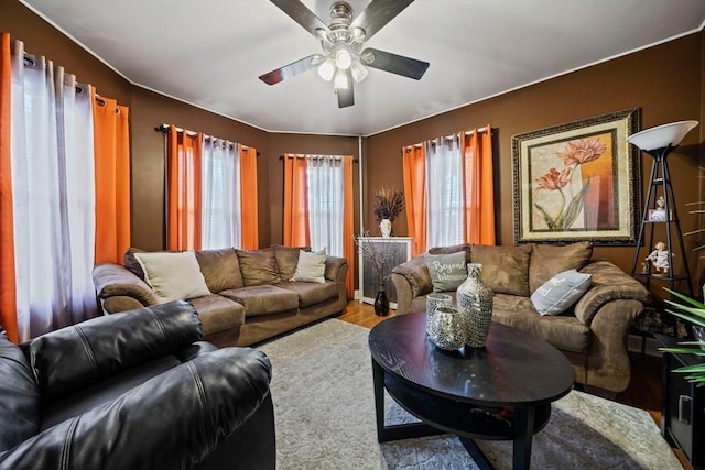 living area featuring a ceiling fan and wood finished floors