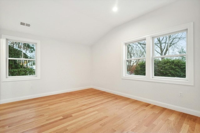 empty room featuring a wealth of natural light, light hardwood / wood-style flooring, and lofted ceiling