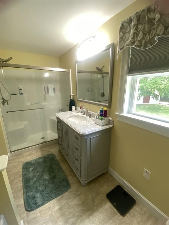 9 Pine City Rd, Carver, MA 02330 - bathroom with vanity, a stall shower, and baseboards