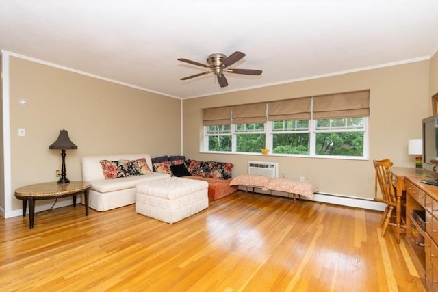 5 Cass St Unit 12, Boston, MA 02132 - living area featuring baseboard heating, light wood-type flooring, plenty of natural light, ceiling fan, and crown molding