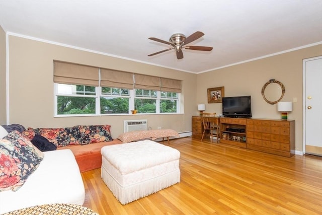 5 Cass St Unit 12, Boston, MA 02132 - living area featuring ceiling fan, wood finished floors, ornamental molding, baseboard heating, and a wall unit AC