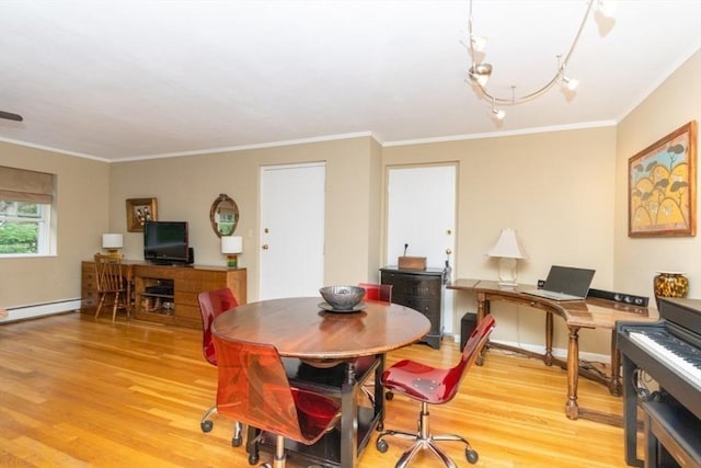 5 Cass St Unit 12, Boston, MA 02132 - dining area featuring light wood-type flooring, a baseboard radiator, crown molding, a desk, and a chandelier