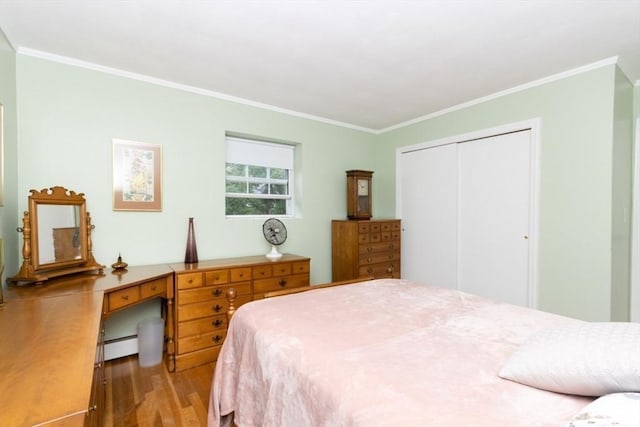 5 Cass St Unit 12, Boston, MA 02132 - bedroom featuring light wood-style flooring, crown molding, a closet, and baseboard heating