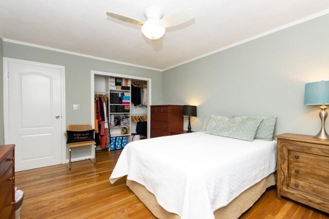 5 Cass St Unit 12, Boston, MA 02132 - bedroom featuring wood finished floors, a closet, ornamental molding, ceiling fan, and a walk in closet