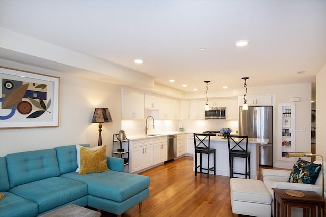 living room with light hardwood / wood-style flooring and sink