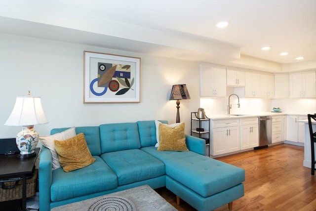 living room featuring light hardwood / wood-style floors and sink