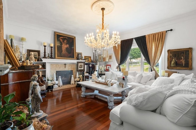 6 Rio, Gloucester, MA 01930 - living room with a chandelier, wood finished floors, crown molding, and a fireplace