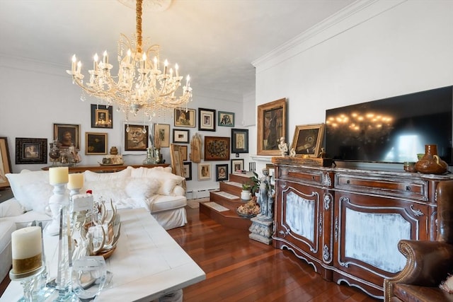 6 Rio, Gloucester, MA 01930 - living area with a chandelier, dark wood-type flooring, crown molding, and baseboard heating