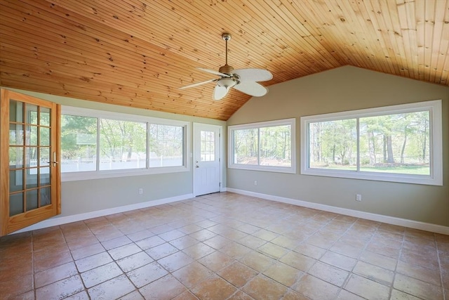 tiled empty room with baseboards, ceiling fan, lofted ceiling, and wooden ceiling