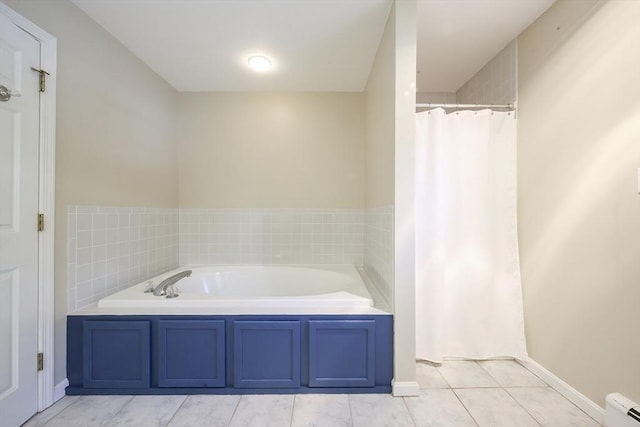 full bathroom with a garden tub, baseboards, a shower with shower curtain, tile patterned floors, and a baseboard heating unit