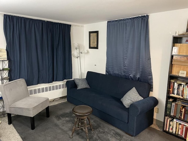 carpeted living room featuring radiator heating unit