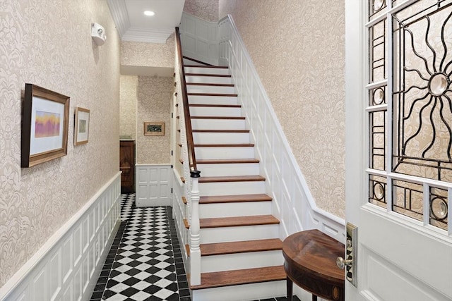 255 Marlborough St Unit 3, Boston, MA 02116 - staircase featuring wallpapered walls, ornamental molding, wainscoting, a decorative wall, and tile patterned floors