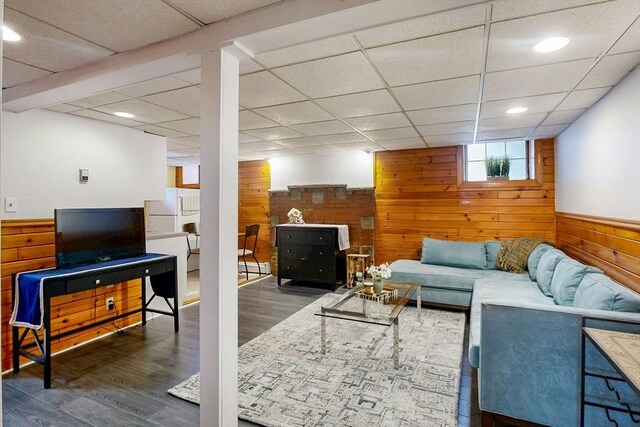 19 Orlando Ave, Winthrop, MA 02152 - living room with wooden walls, wood finished floors, a drop ceiling, a wainscoted wall, and recessed lighting