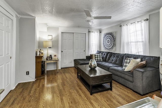 87 Lilley Ave, Lowell, MA 01850 - living area with a ceiling fan, healthy amount of natural light, ornamental molding, and wood finished floors