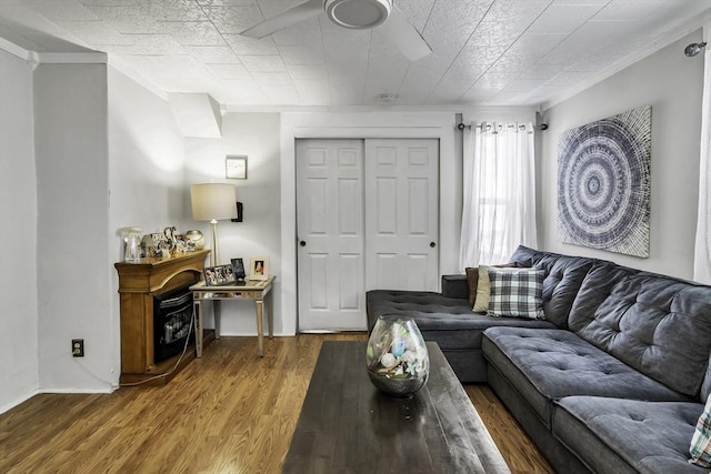 87 Lilley Ave, Lowell, MA 01850 - living room with crown molding, wood finished floors, and ceiling fan