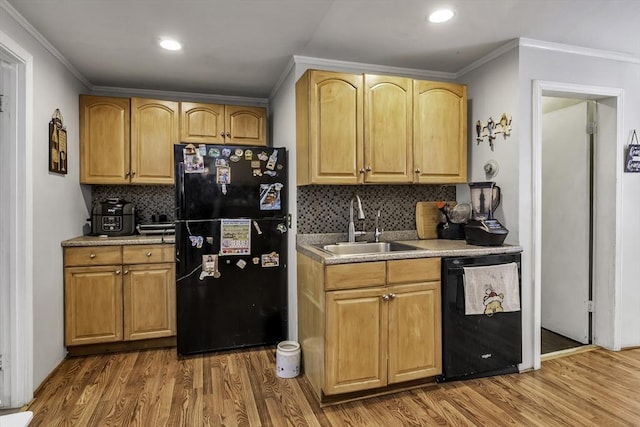 87 Lilley Ave, Lowell, MA 01850 - kitchen featuring black appliances, wood finished floors, crown molding, backsplash, and recessed lighting