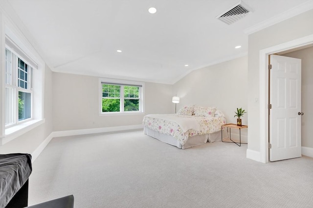 95 Conant St Unit 404, Concord, MA 01742 - bedroom featuring carpet flooring, baseboards, recessed lighting, crown molding, and vaulted ceiling