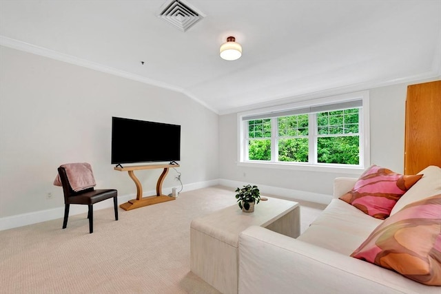95 Conant St Unit 404, Concord, MA 01742 - living room featuring lofted ceiling, baseboards, light colored carpet, and crown molding