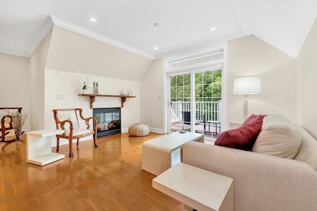 95 Conant St Unit 404, Concord, MA 01742 - living room featuring vaulted ceiling, wood finished floors, ornamental molding, a multi sided fireplace, and recessed lighting