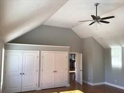 41 Rustic Dr, Worcester, MA 01609 - additional living space with ceiling fan, lofted ceiling, baseboards, and dark wood-style flooring
