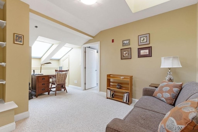 living room featuring light carpet, baseboards, and lofted ceiling