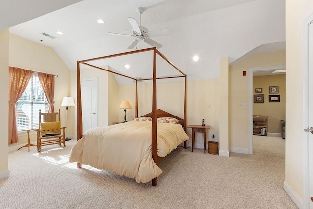 bedroom featuring light carpet, visible vents, baseboards, vaulted ceiling, and recessed lighting