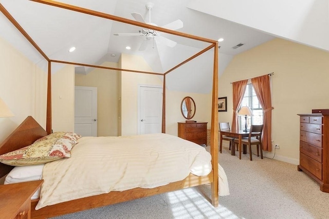 bedroom featuring vaulted ceiling, carpet floors, visible vents, and recessed lighting