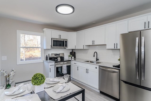 kitchen featuring white cabinets, sink, light stone countertops, light wood-type flooring, and stainless steel appliances