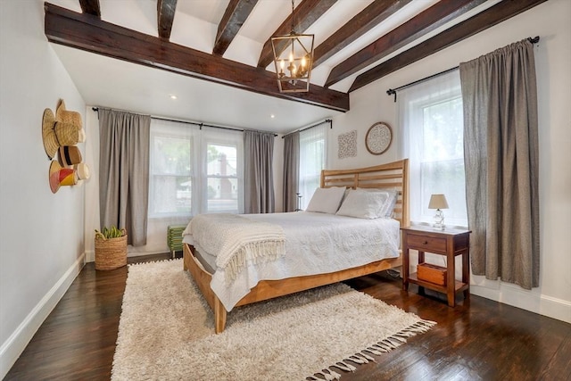 108 Needham St, Dedham, MA 02026 - bedroom with beam ceiling, baseboards, wood finished floors, a chandelier, and recessed lighting