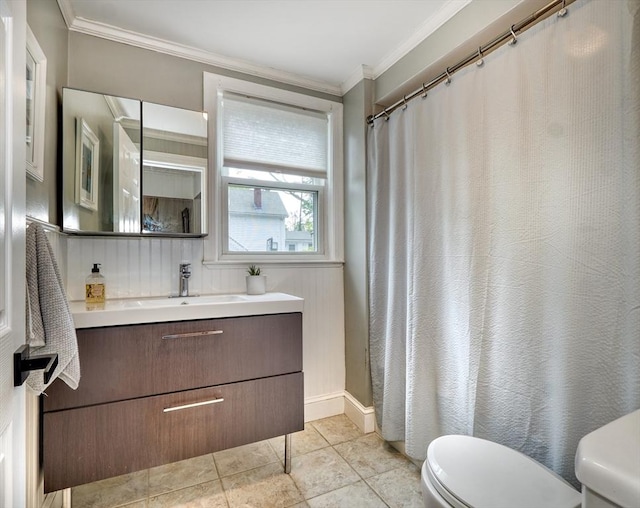 108 Needham St, Dedham, MA 02026 - full bath featuring toilet, vanity, crown molding, baseboards, and tile patterned flooring
