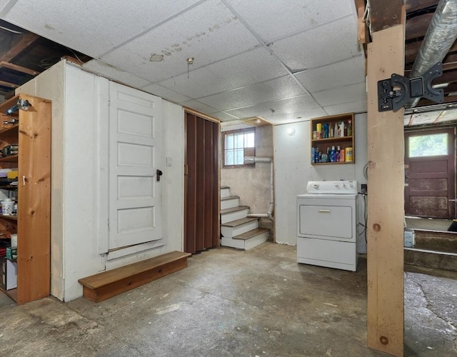 108 Needham St, Dedham, MA 02026 - basement with washer / clothes dryer, stairs, and a paneled ceiling