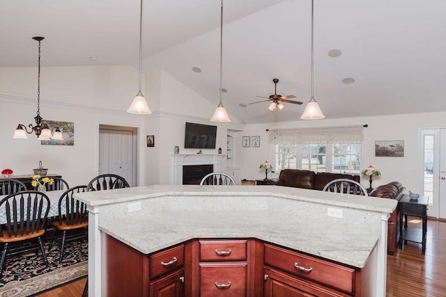 kitchen with dark wood-type flooring, open floor plan, a fireplace, and dark brown cabinets